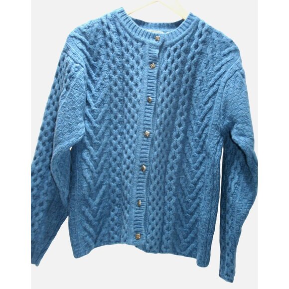 VTG EMS Blue Fisherman Cable Knit Cardigan Sweater Womens M Preppy Outdoorsy - Picture 1 of 7